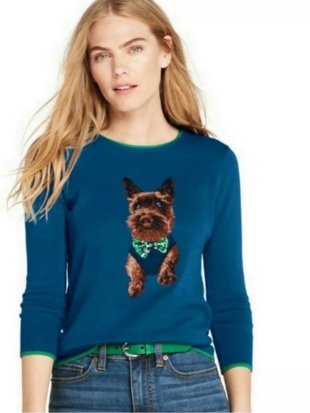 Land’s End Dapper Dog Blue 100% Supima Cotton Crew Neck Sweater Sz Small
